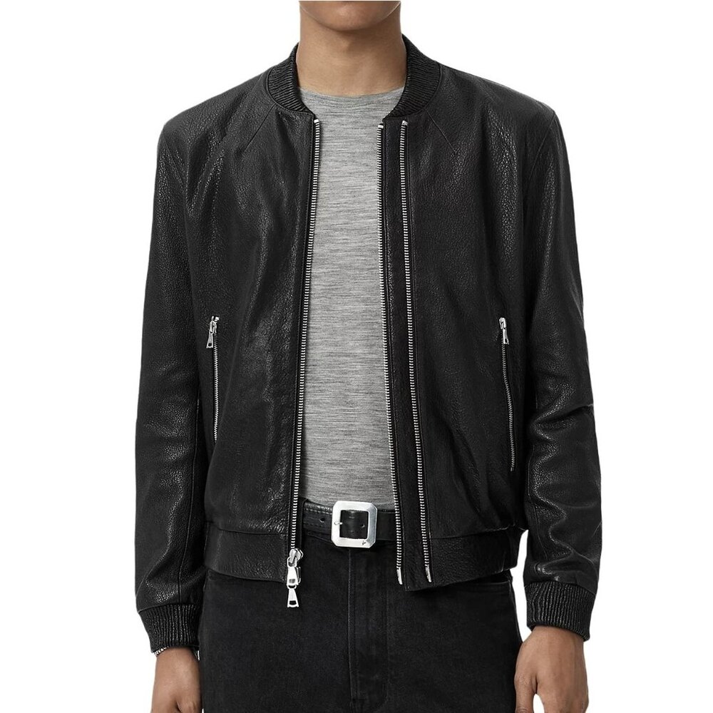 John Varvatos Xavier Sheepskin Pebbled Leather Bomber Jacket Mens Black NWT 898